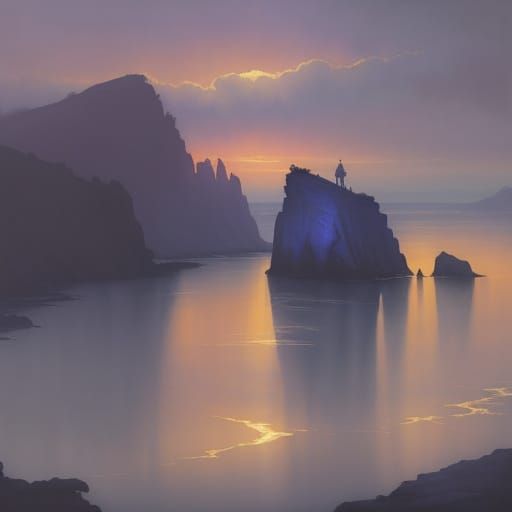 Fantastical Dusk Landscape Painting with Lone Figure