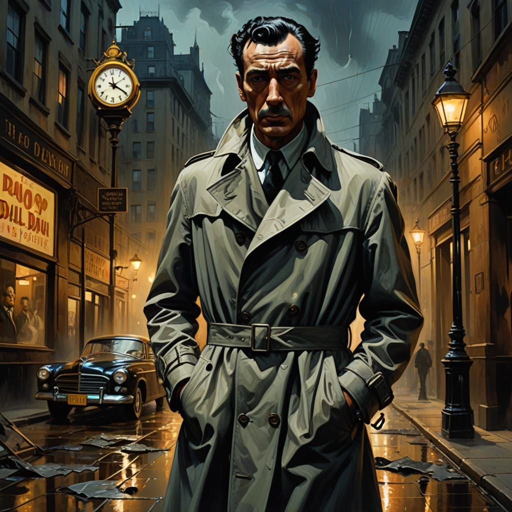 Sleuth in Noir Trench Coat with Maltese Falcon