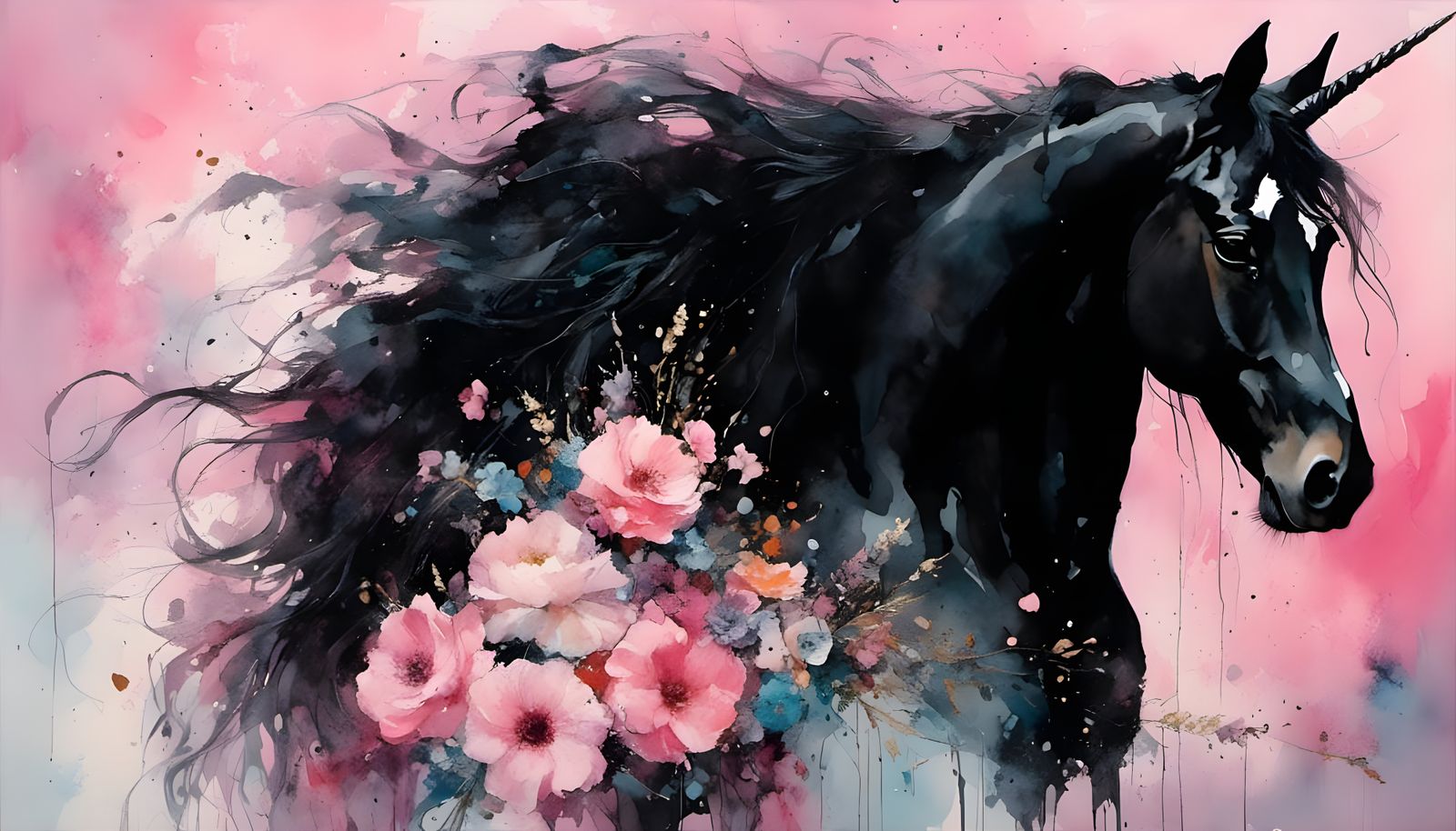 Black Unicorn in a Dramatic Pink Landscape