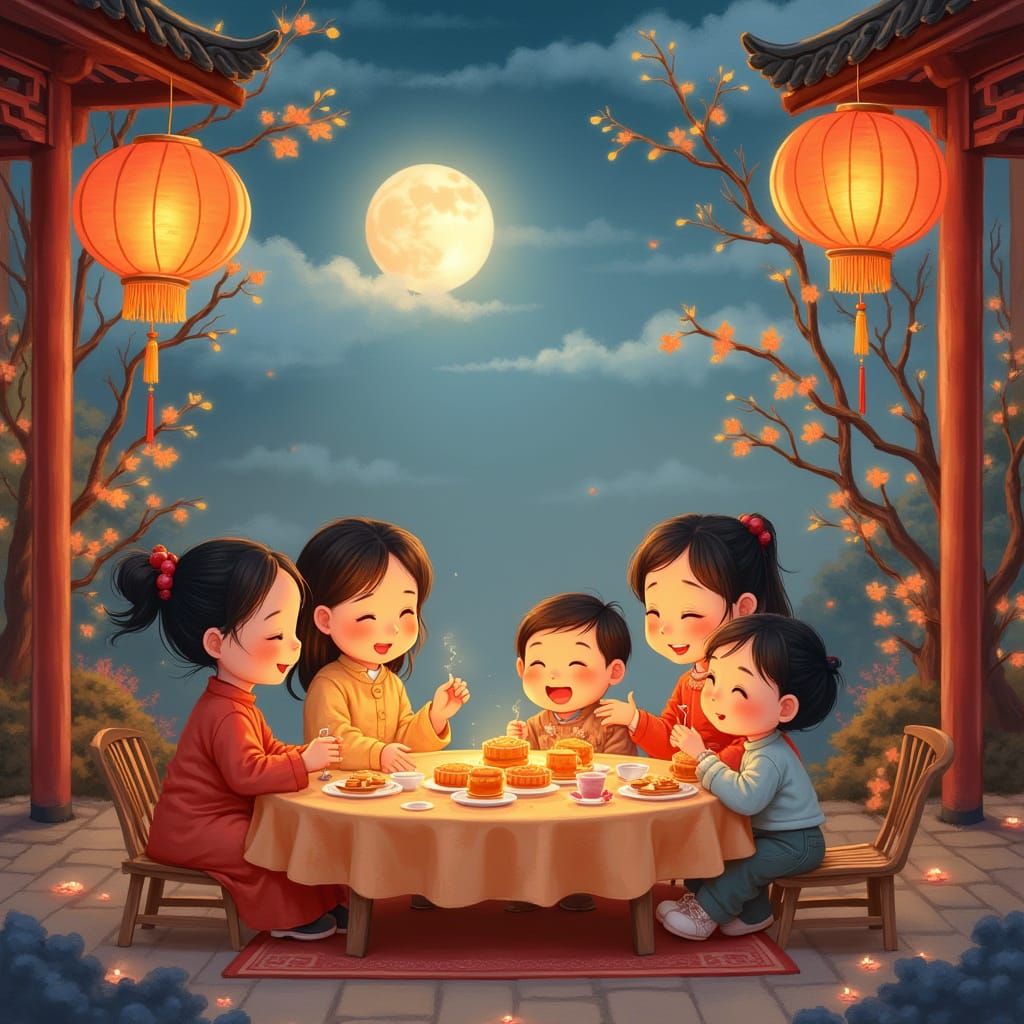 Joyful Mid-Autumn Festival Family Celebration with Lanterns