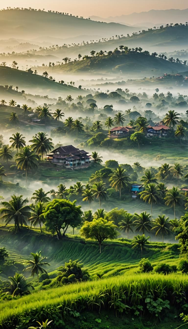 Banjar Village Sunrise: Panoramic Watercolor Landscape