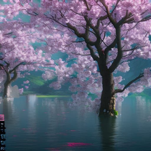 Romantic Cherry Blossom Tree in Japan: Digital Art