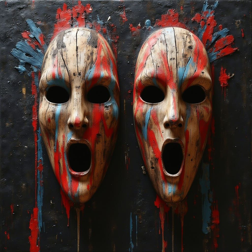 Comedy and Tragedy Masks in Realistic Oil Style