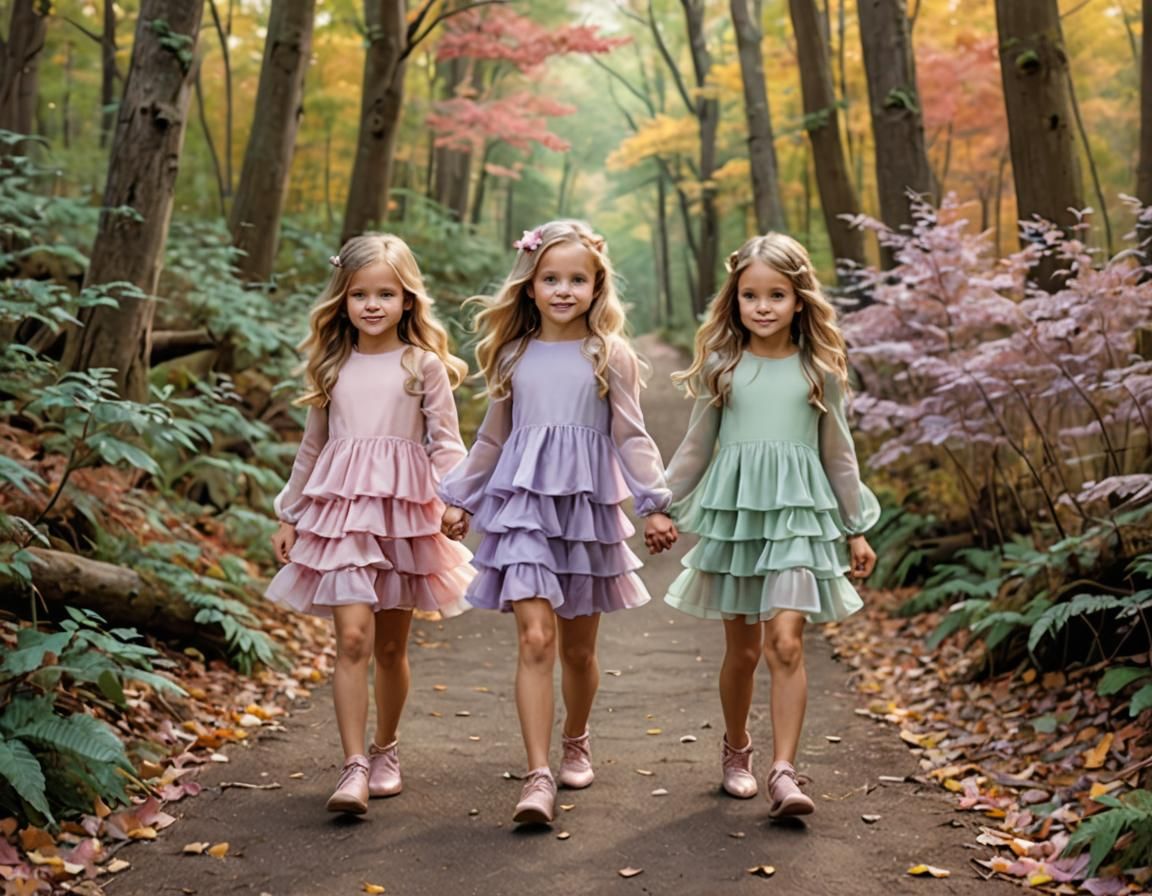 Girls Walking Through Autumn Forest in Pastel Dresses