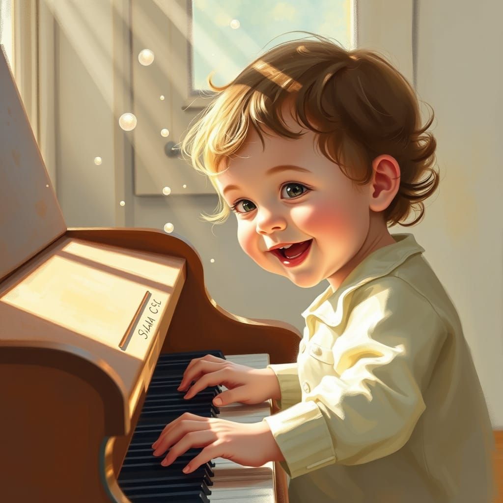 Child Joyfully Plays Piano in Sunlight