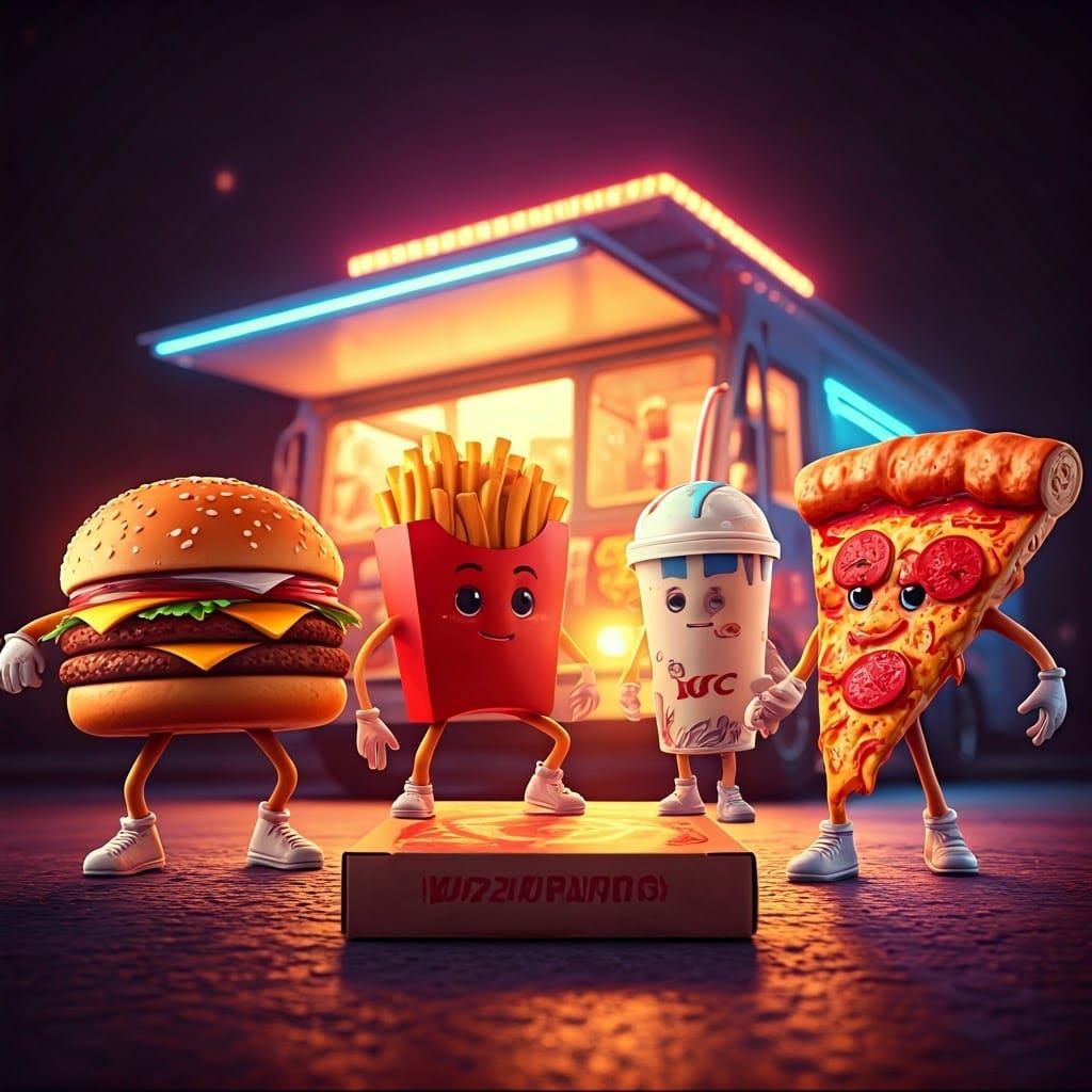 Breakdancing Fast Food on Pizza Hut Box: 3D Art