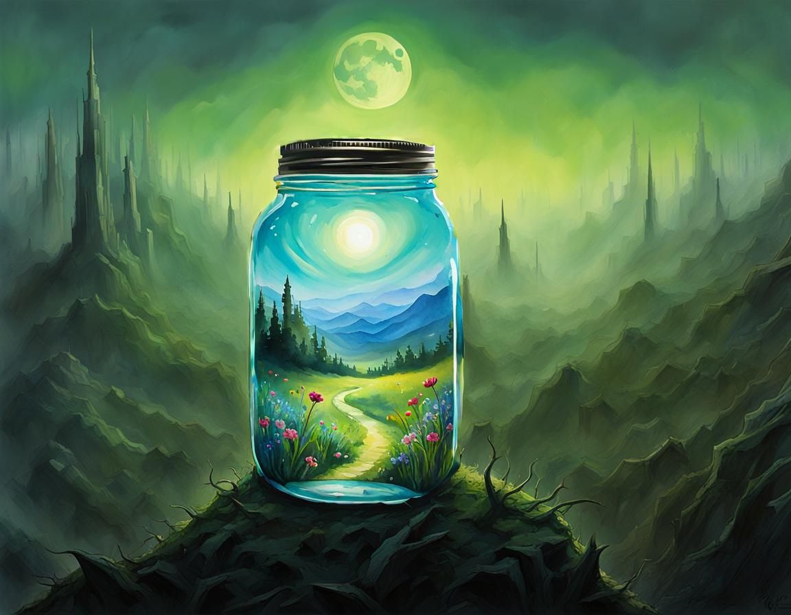 A fairyscape in a jar on a harsh desolate planet