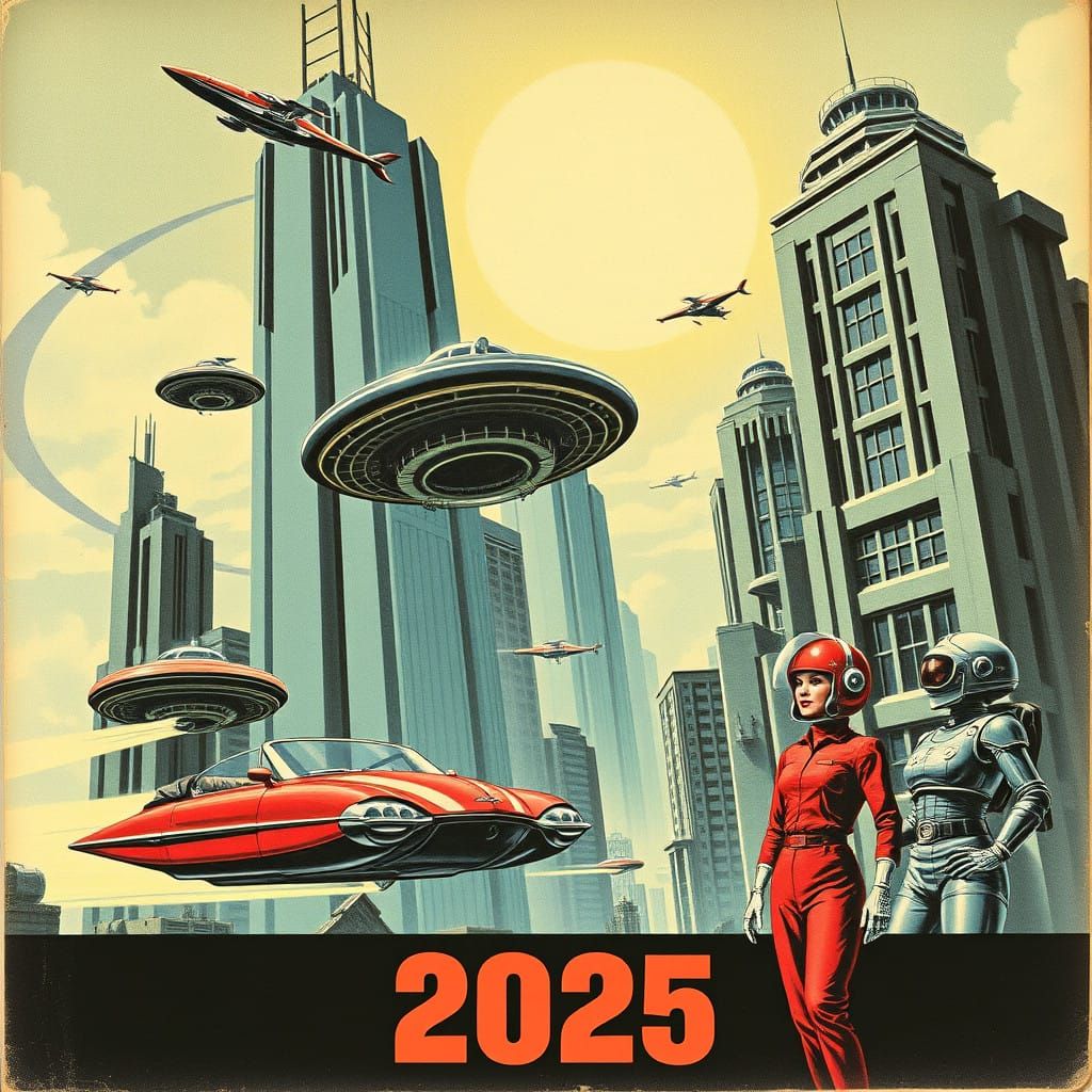 Retro-Futuristic Flying Cars Soar Above City Skyscrapers