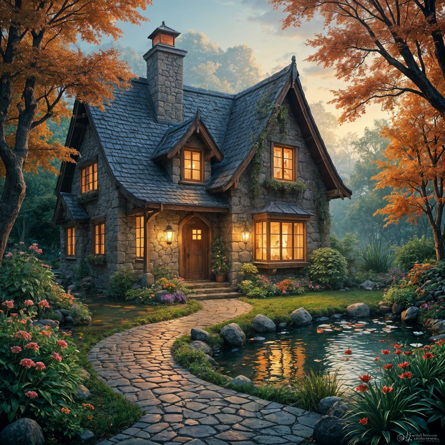 Whimsical Autumn Retreat in a Serene Koi Pond Oasis