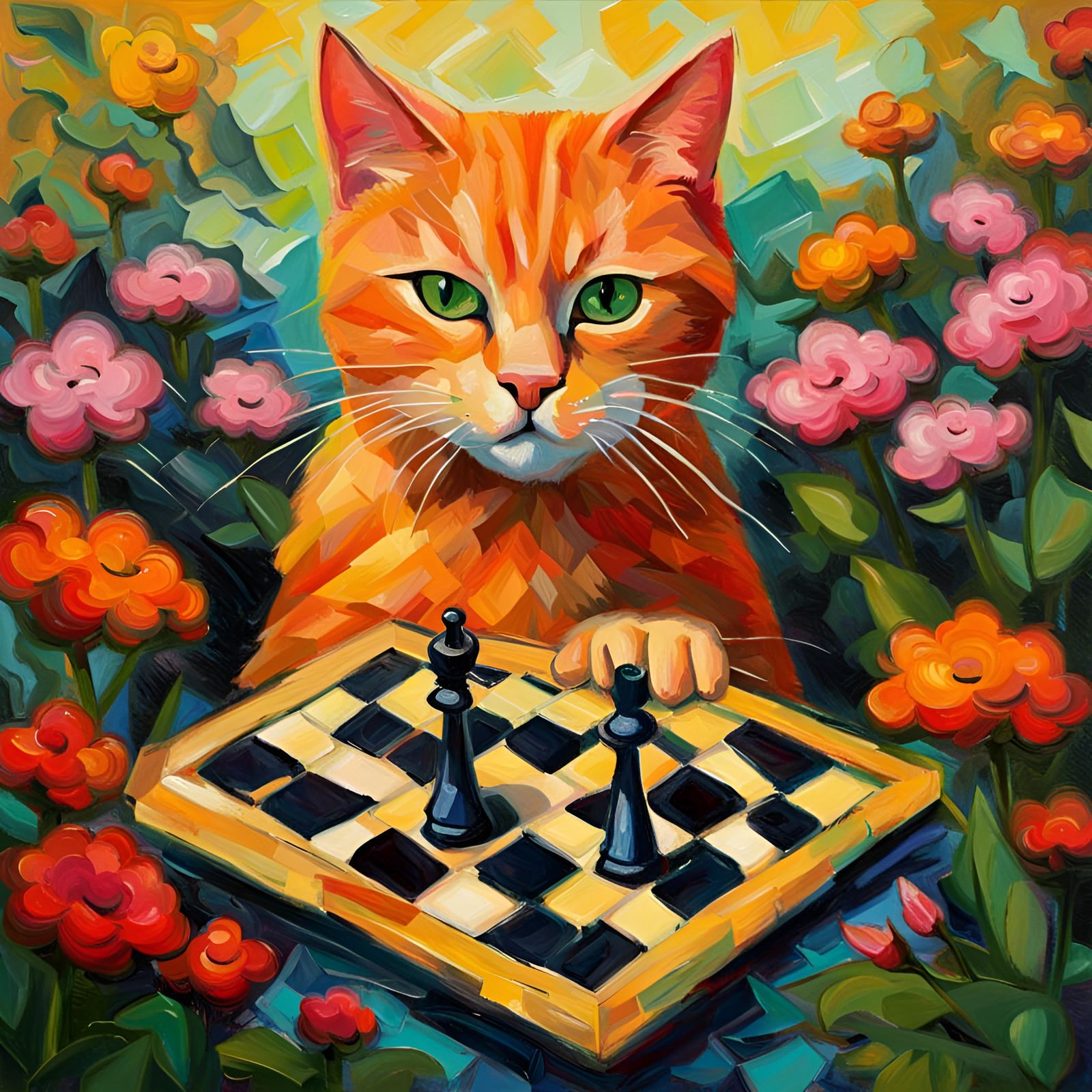 A ginger cat playing chess in a field of flowers.