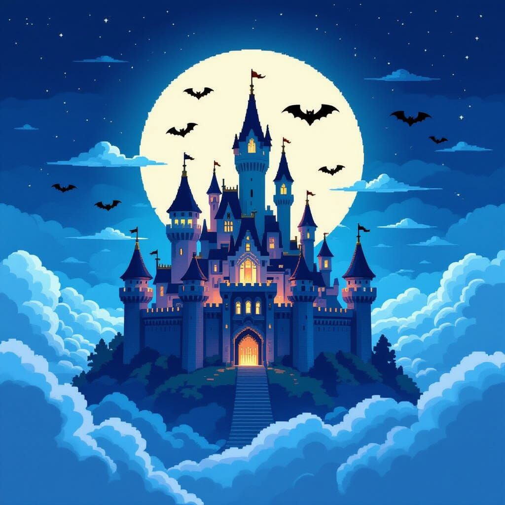 Pixelated Castle on Clouds at Midnight