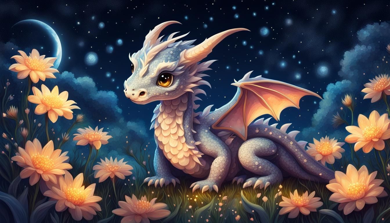 Fantasy Dragon in Moonlit Flower Field Painting