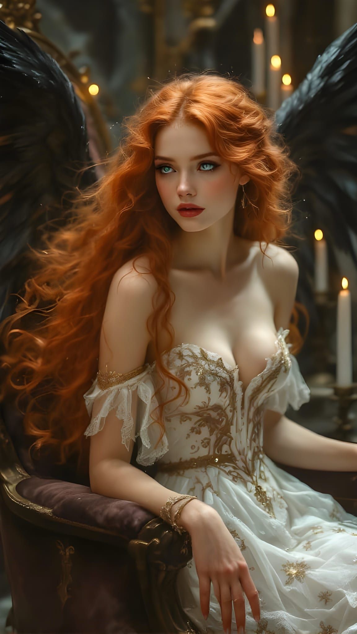 Ethereal Angel in Medieval Castle, Oil Painting Style