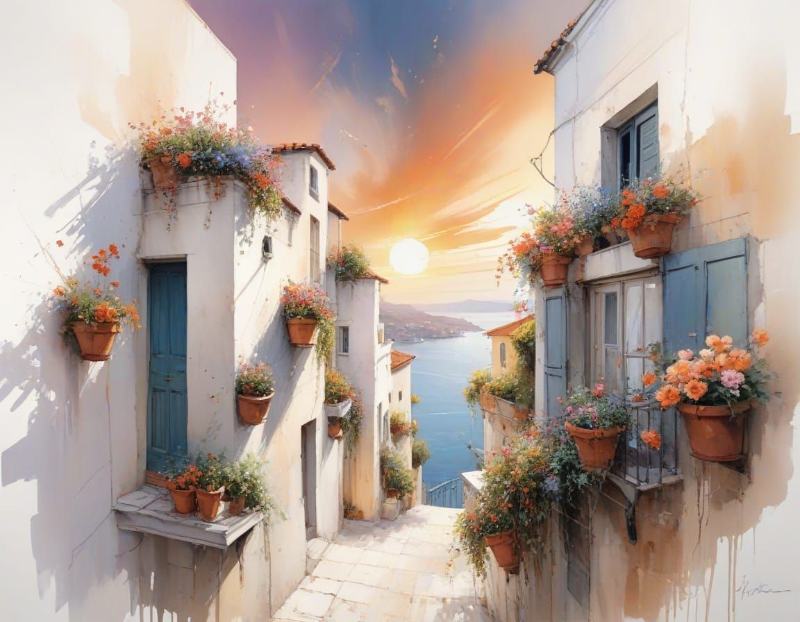 Terracotta Rooftops Overlooking Adriatic at Sunset