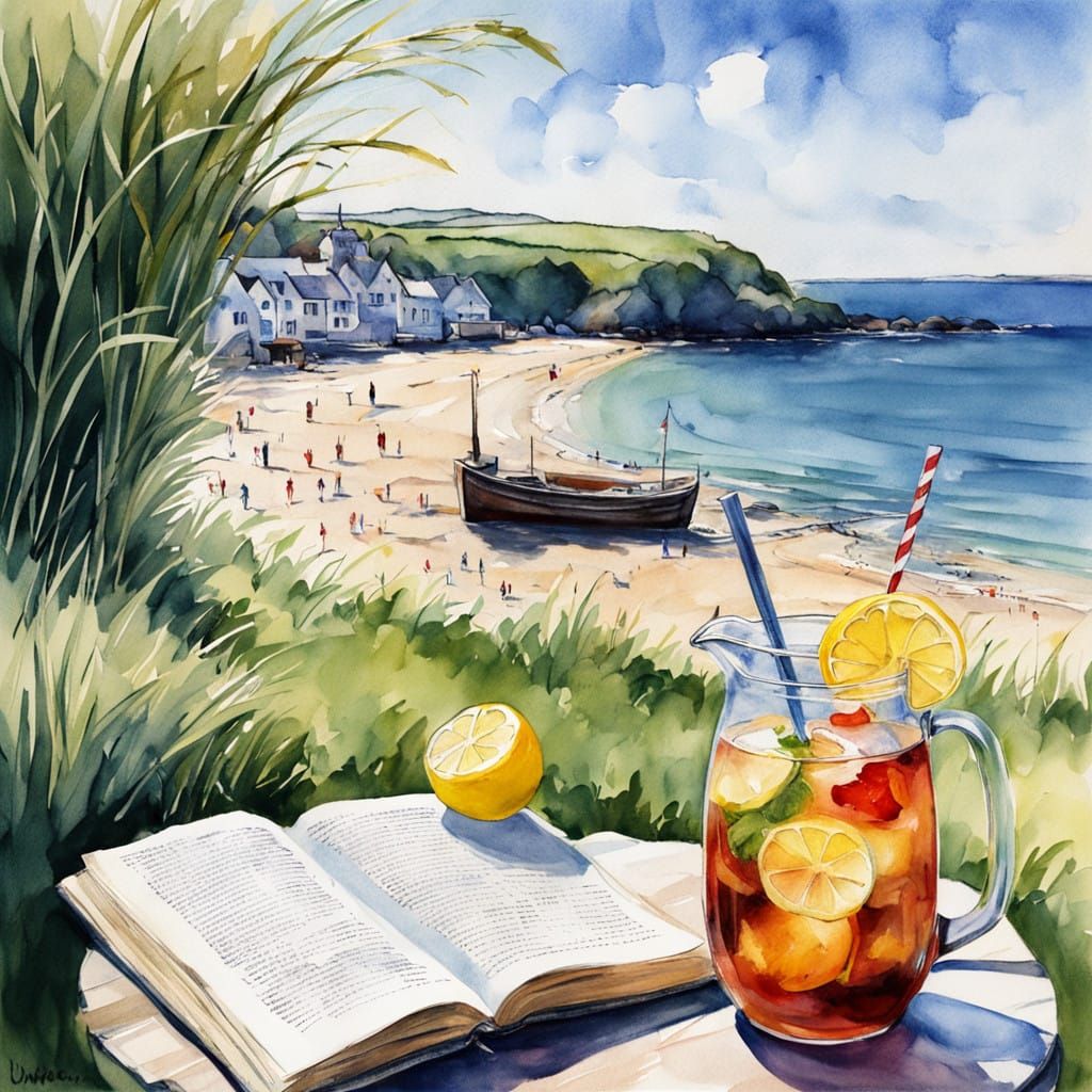 A Serene Cornish Beach Scene in Watercolour Style