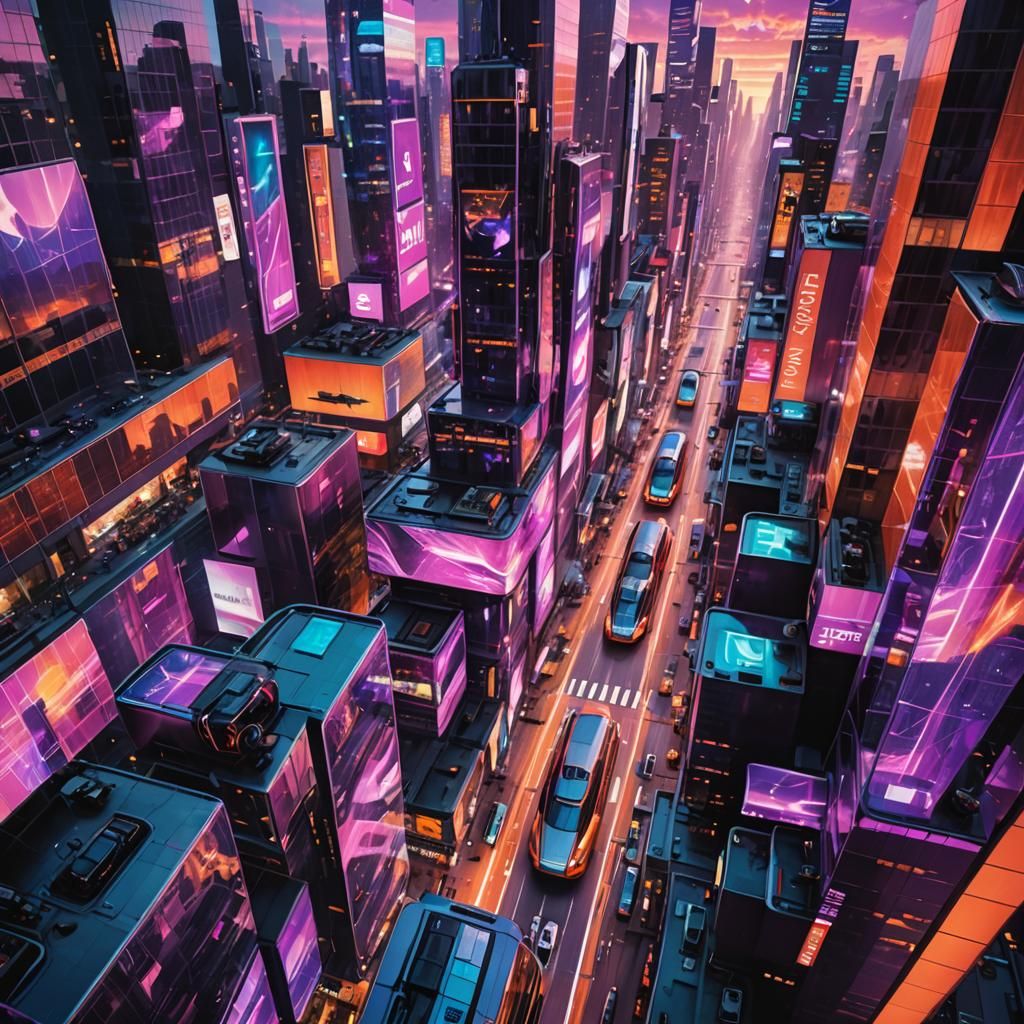 Futuristic Cityscape Reflects Sunset in Hyperrealism