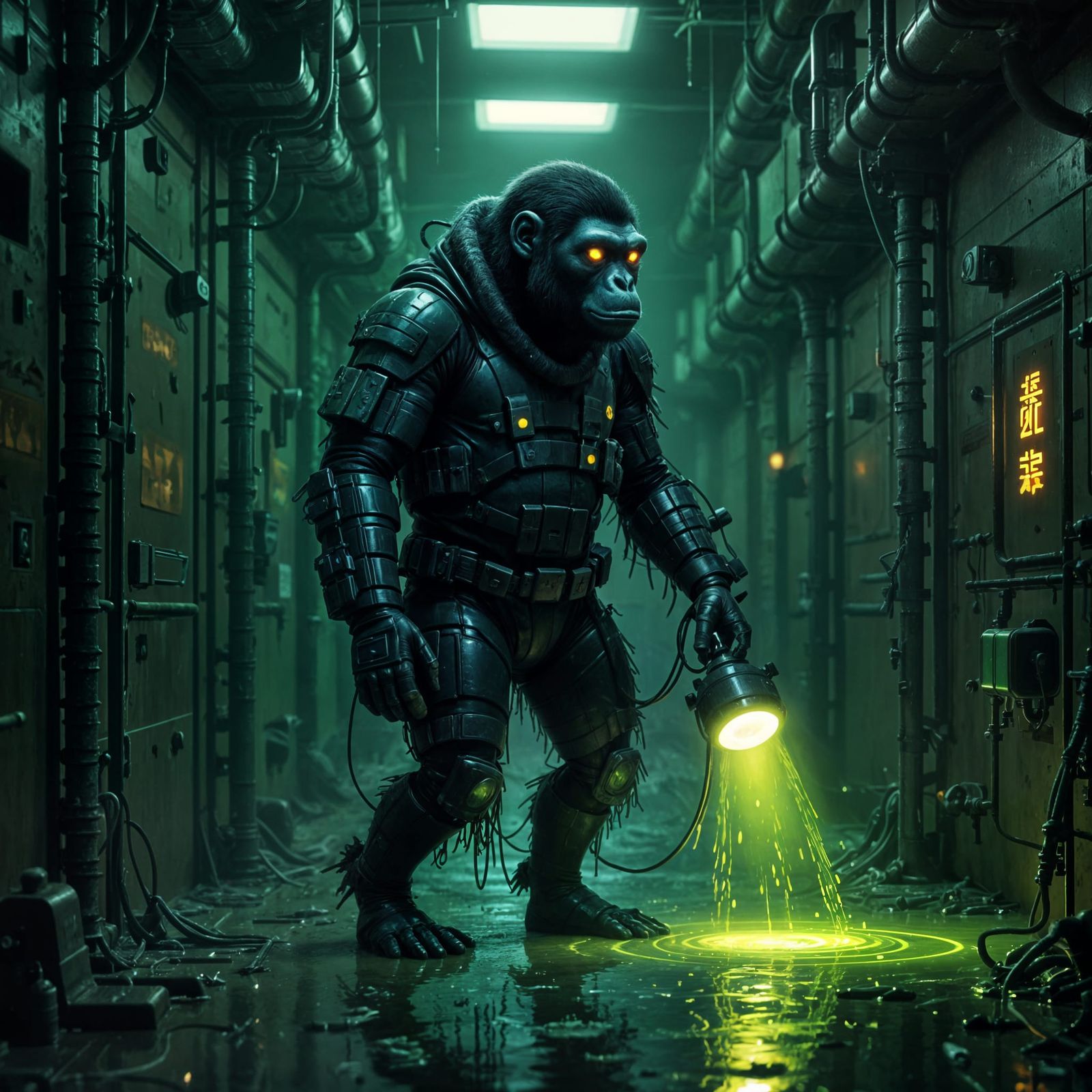 Cyberpunk Ape Sewage Monitor in Gloomy Tunnels