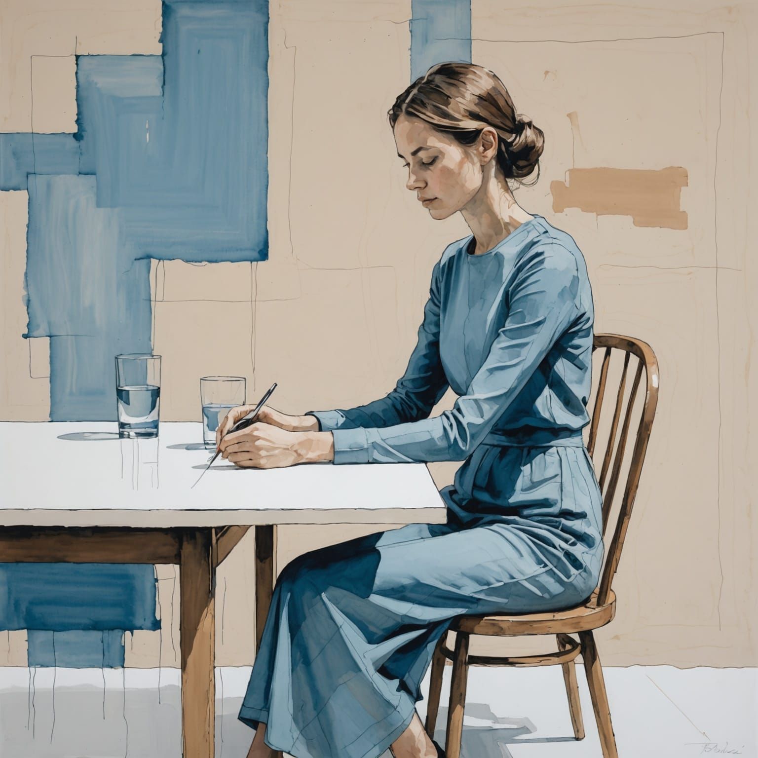 Girl at Table in Minimalist Abstract Expressionism