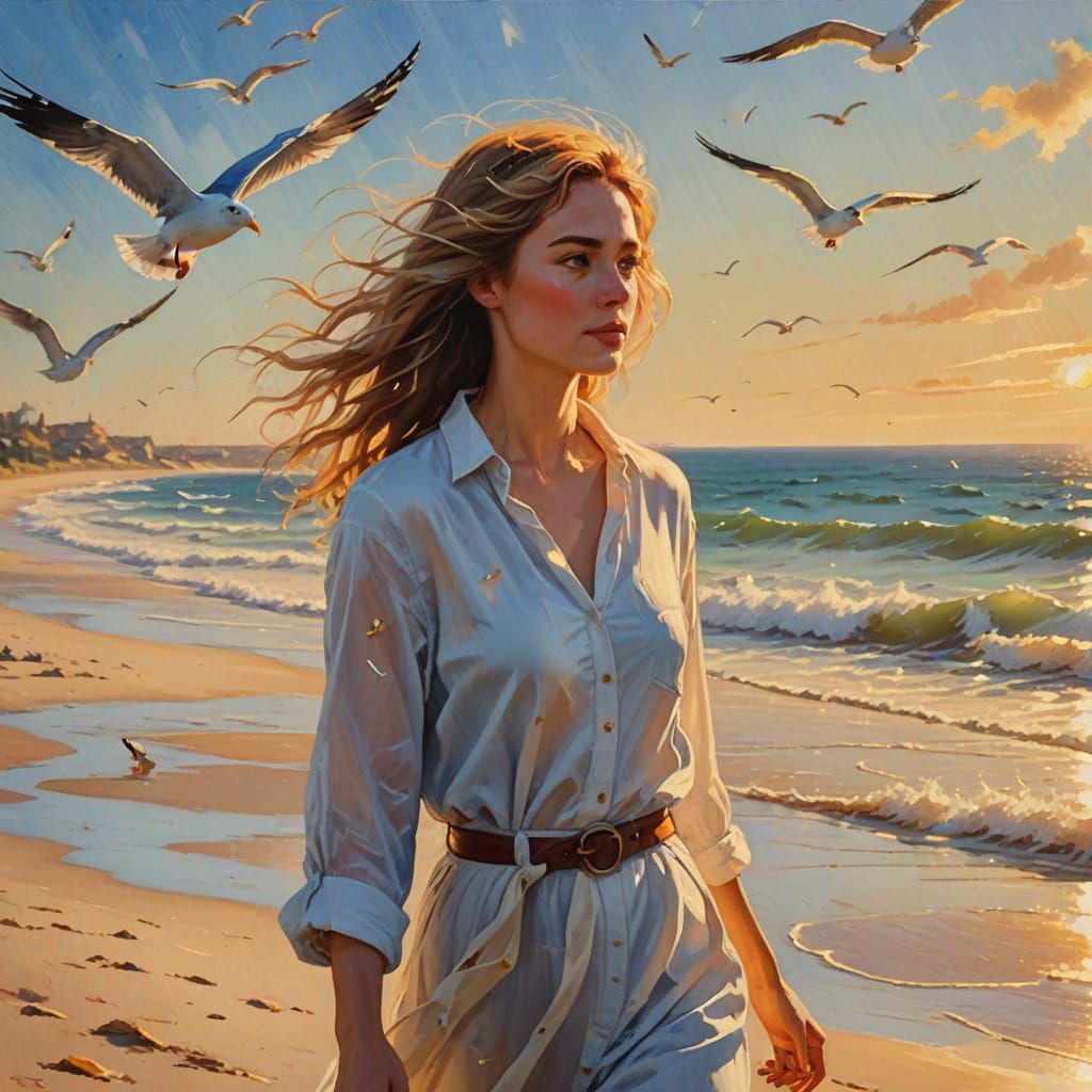 Woman on Beach in Romantic Impressionism Style