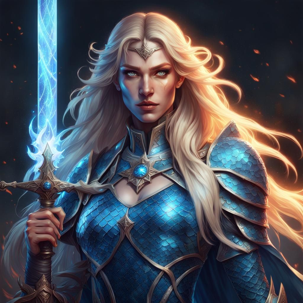 Blond Witch with Flaming Sword: Hyperdetailed Portrait