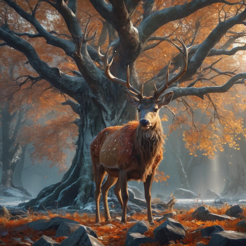 Magic Deer in Autumnal Fantasy Landscape
