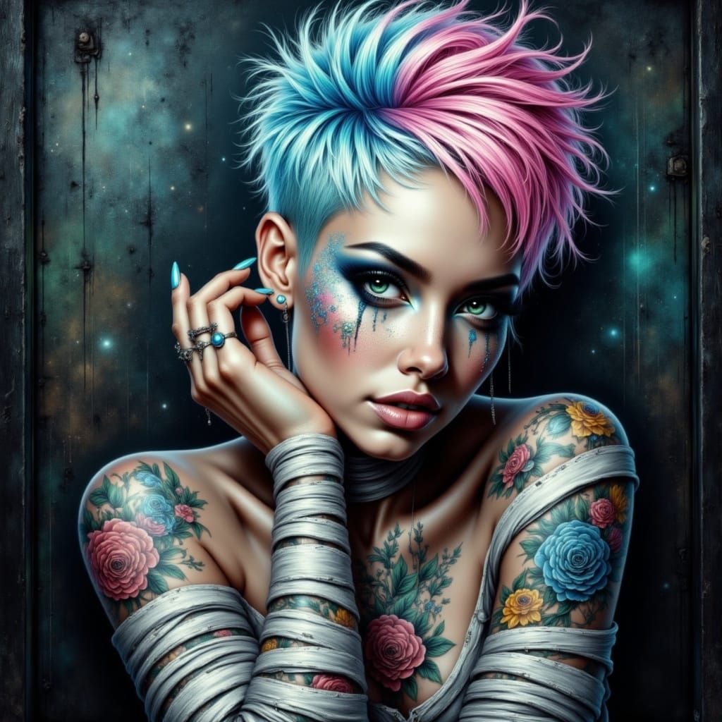 Ethereal Woman with Floral Tattoos in Fantasy Realism