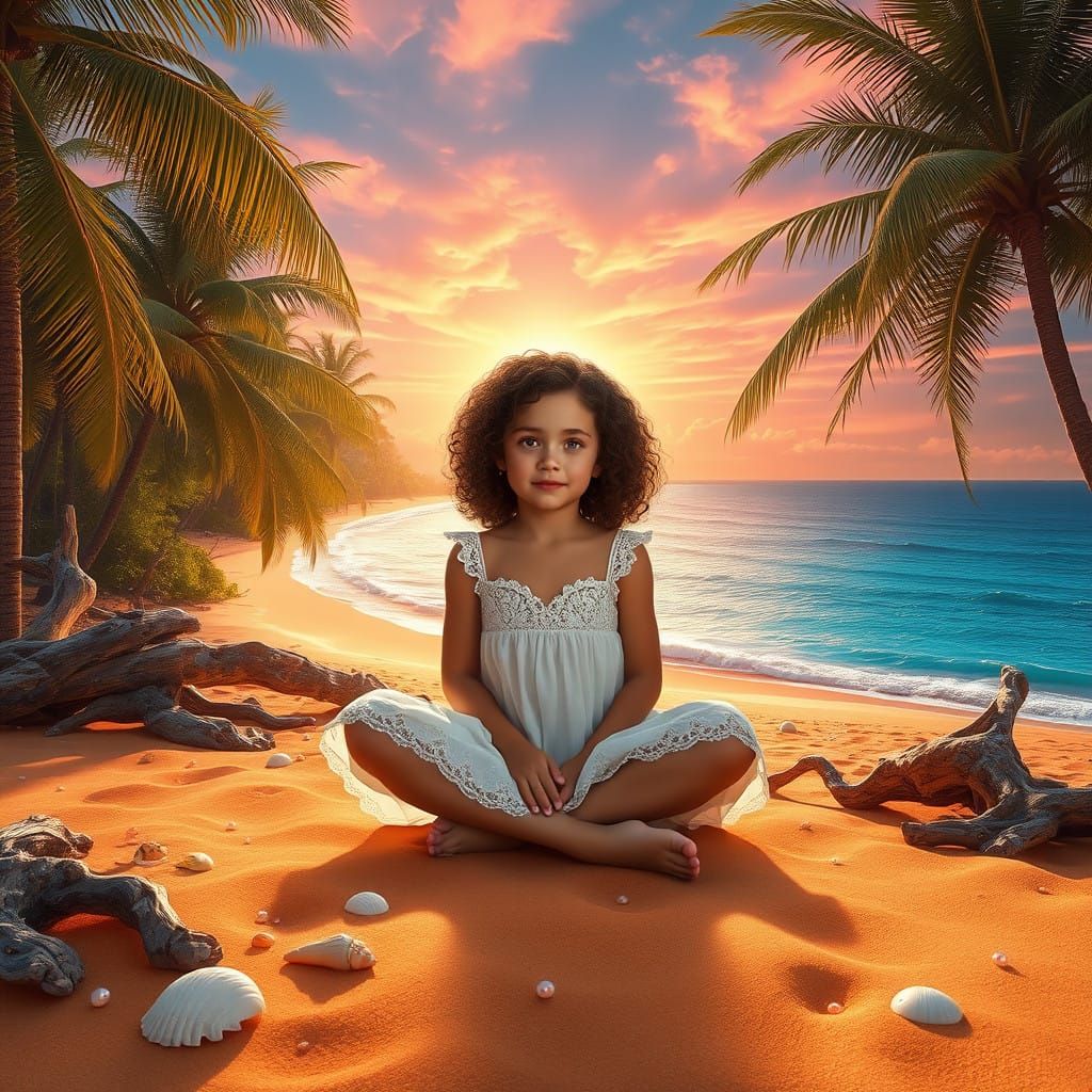 Girl Sitting on Beach in Vibrant, Dreamlike Landscape