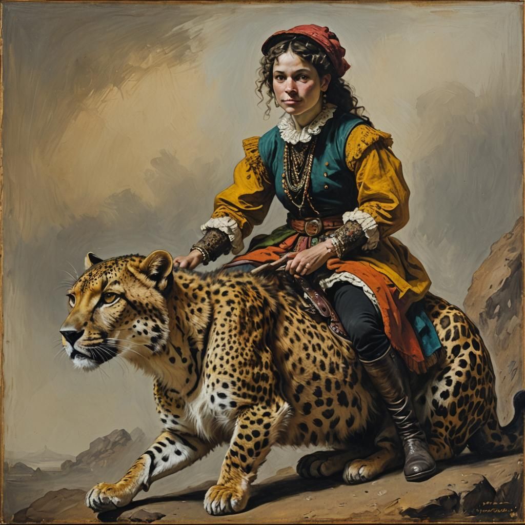 Girl Rides Cheetah in Multicolored Oil Painting