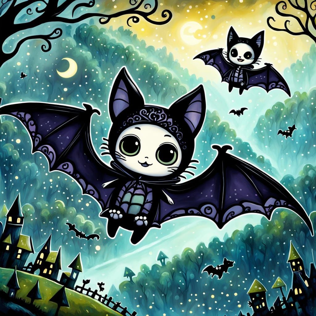 Chibi Bat and Kitten in Tim Burton Style Art