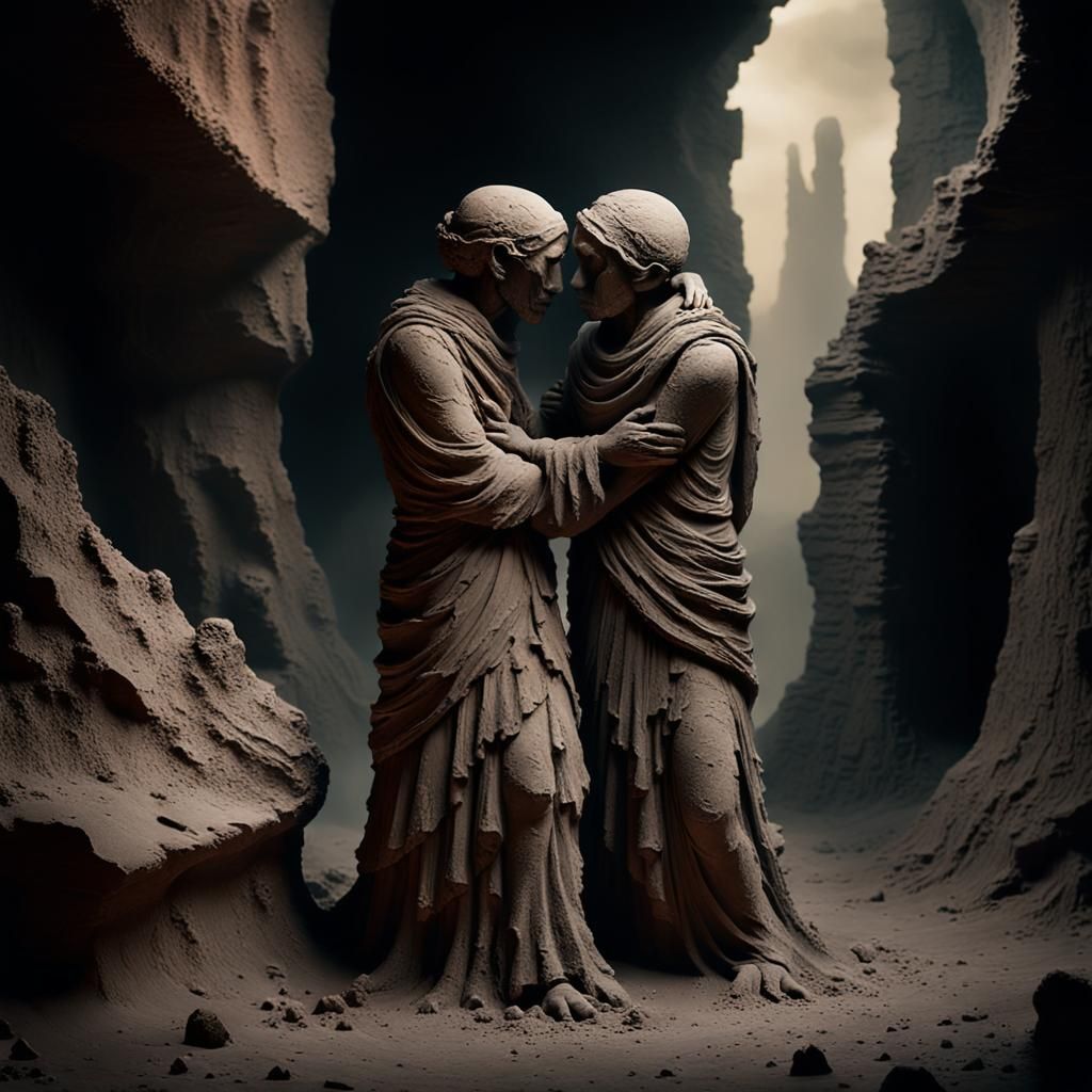Clay Figures Embrace in Misty Surrealist Dream