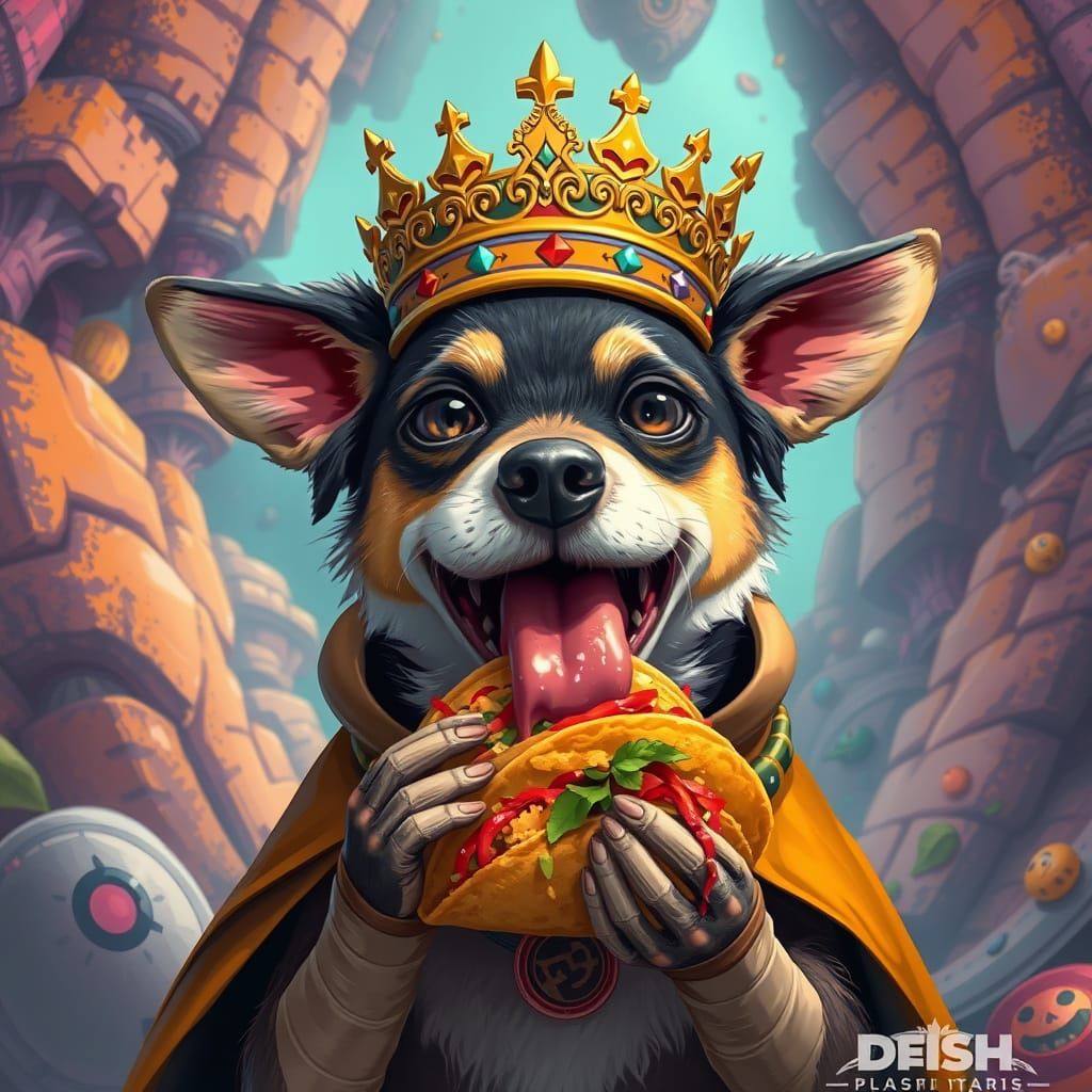 Regal Canine Devours Vibrant Taco in Whimsical Fantasy Realm
