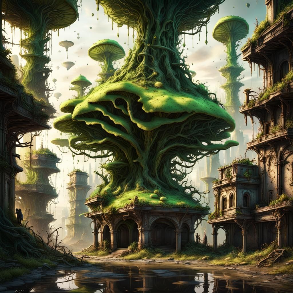 Green Fungus Encroaching on Abandoned City