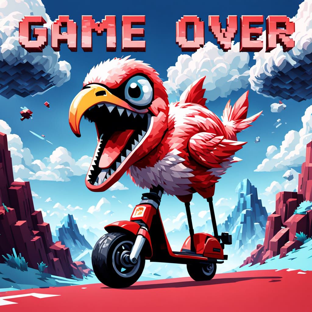 Cartoon Flamingo Scooter Chase in 8-Bit Style