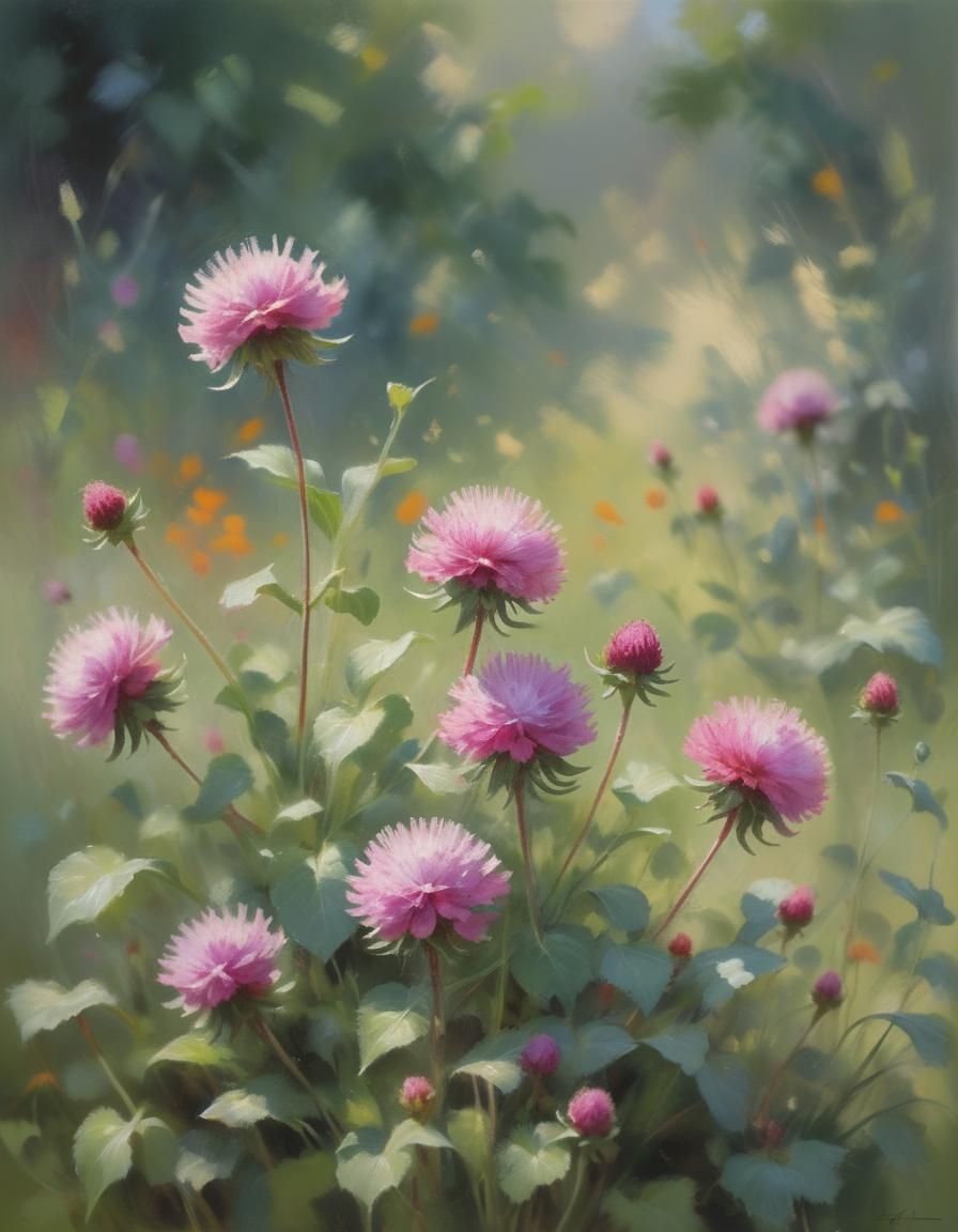 Globe Amaranth in Lush Garden, Oil Painting