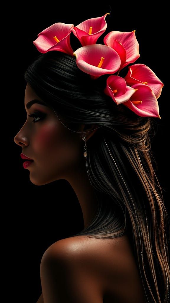 Elegant Woman's Profile in Vibrant Makeup and Gold Accents