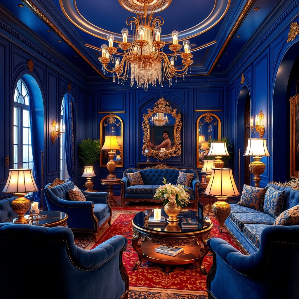 Opulent Royal Blue and Gold Living Room Interior