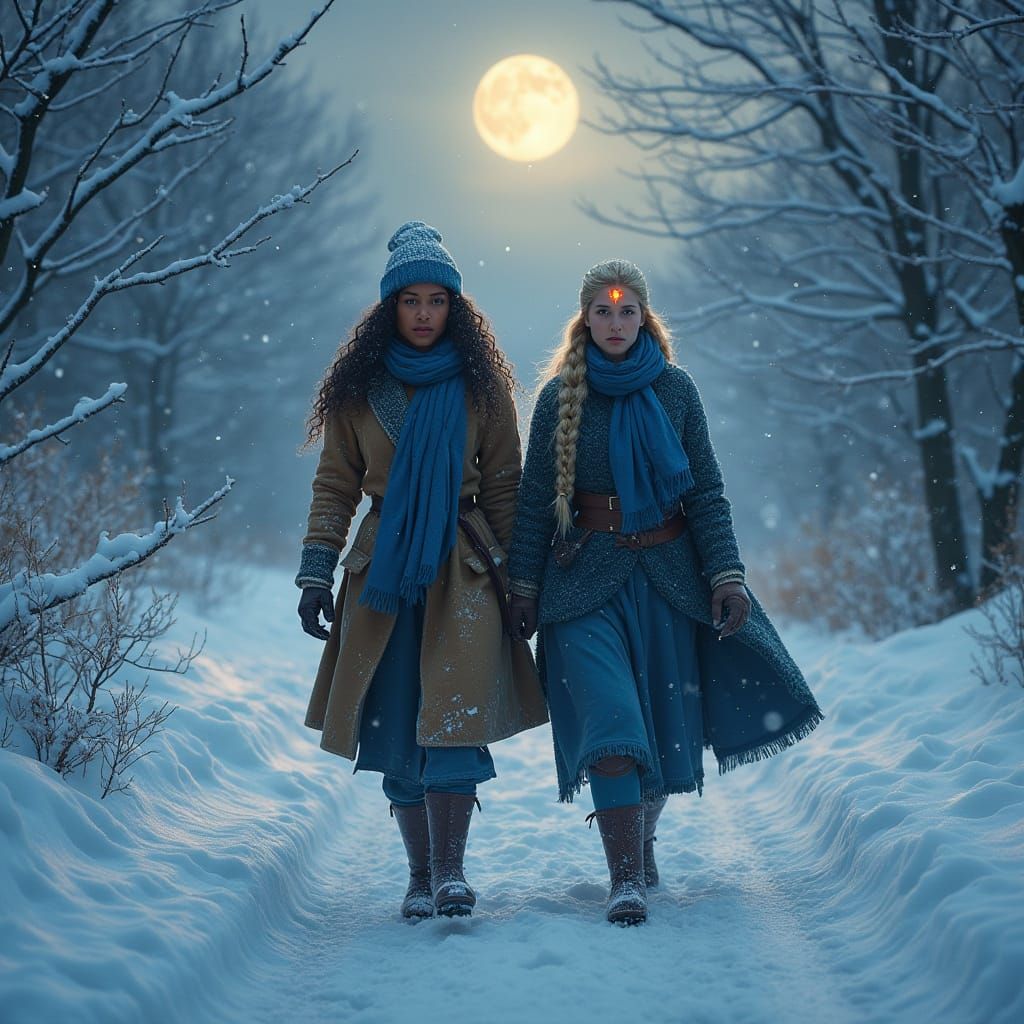 Medieval Fantasy Women Battle the Elements in a Snowy Landsc...