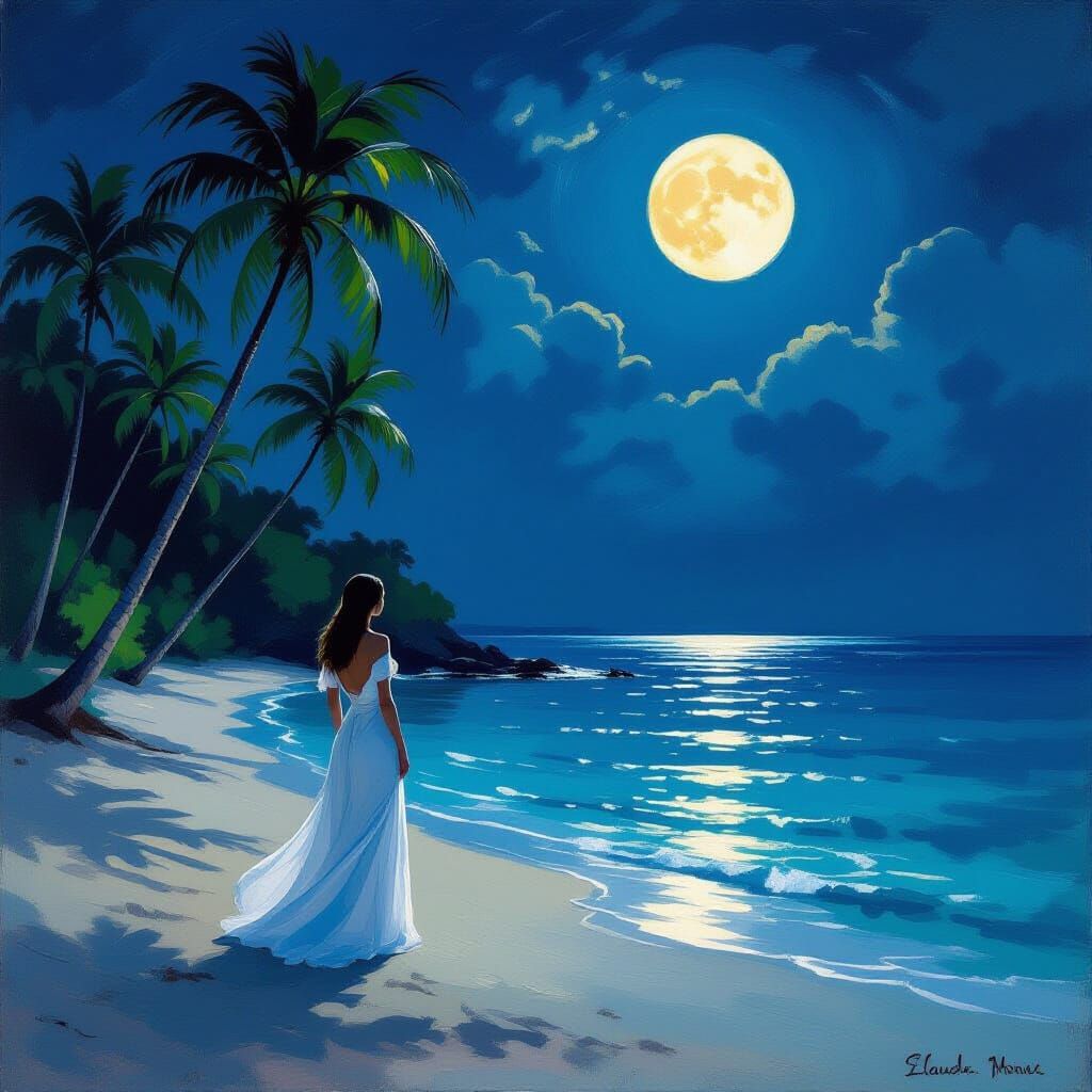 Woman in Moonlit Tropical Bay as Impressionist Painting