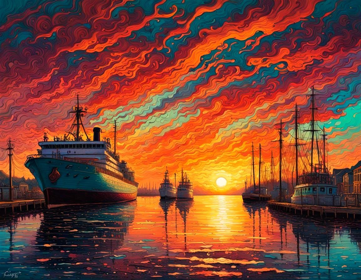 Vibrant Island Scene with Anchored Ships and Sunset in Polyc...