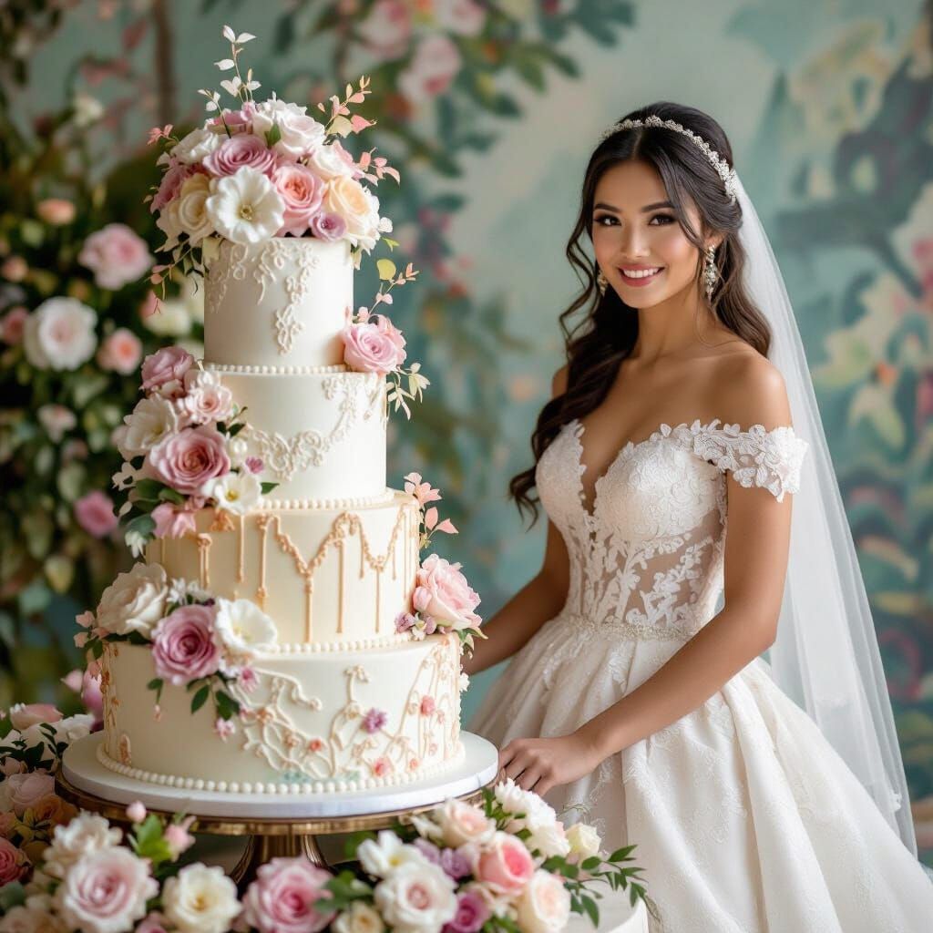 Filipina Bride Beside American Wedding Cake
