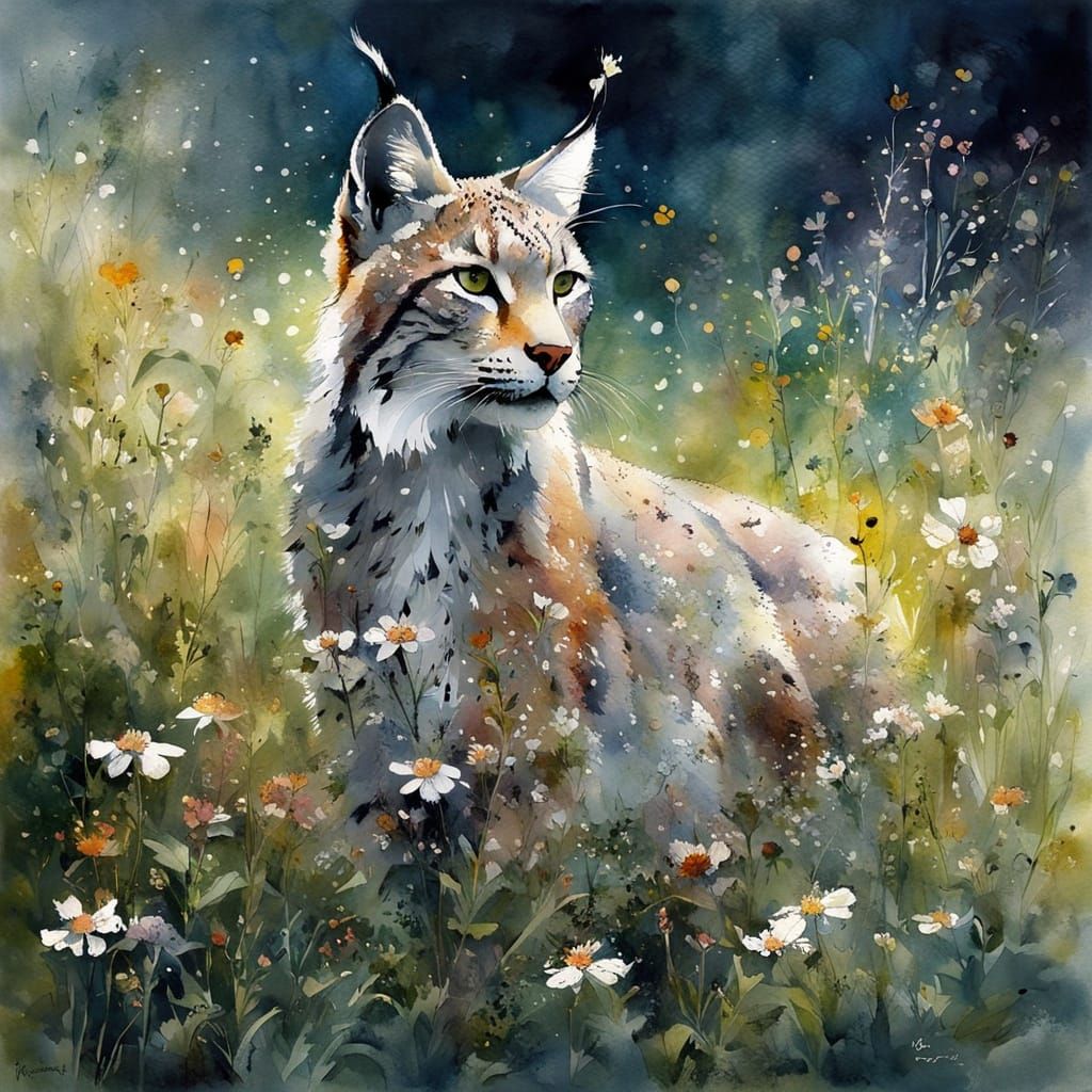 Lynx on a blooming flower meadow
