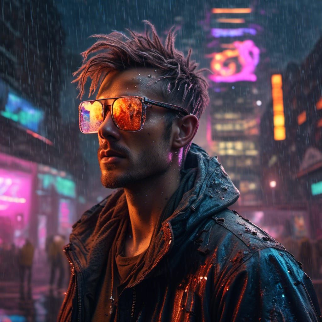 Cyberpunk Man with Glowing Glasses in the Rain
