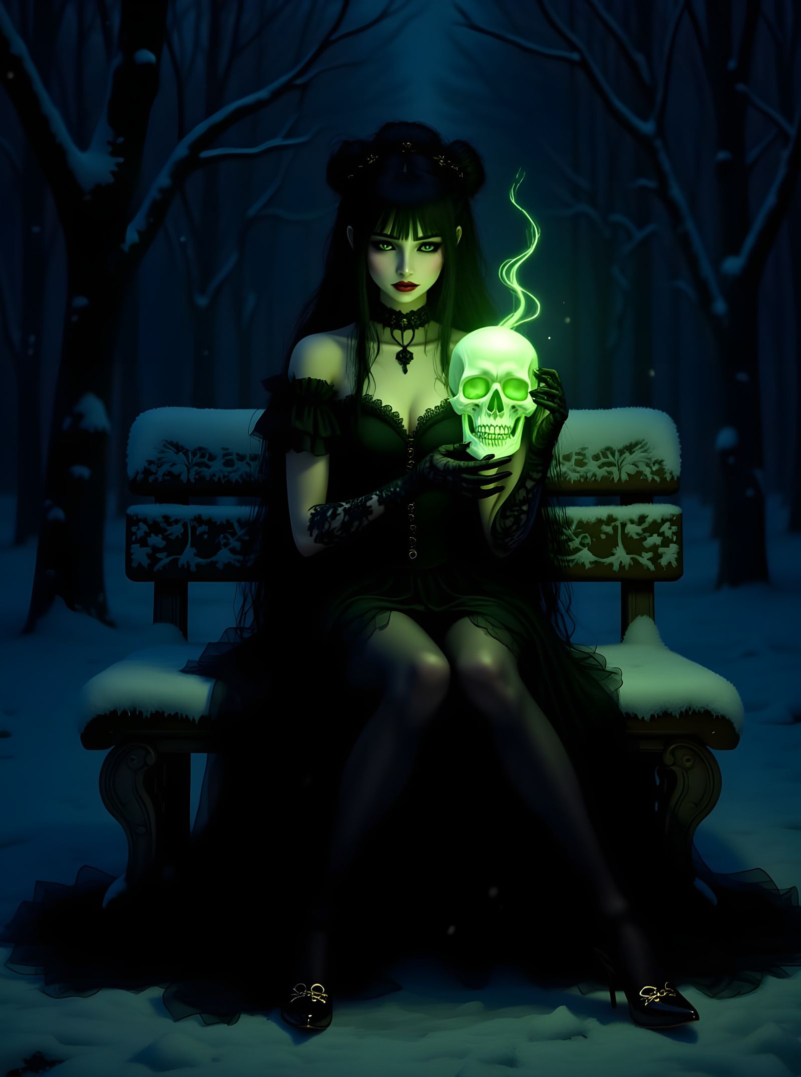 Gothic Portrait of Woman with Spectral Skull in Wintry Park
