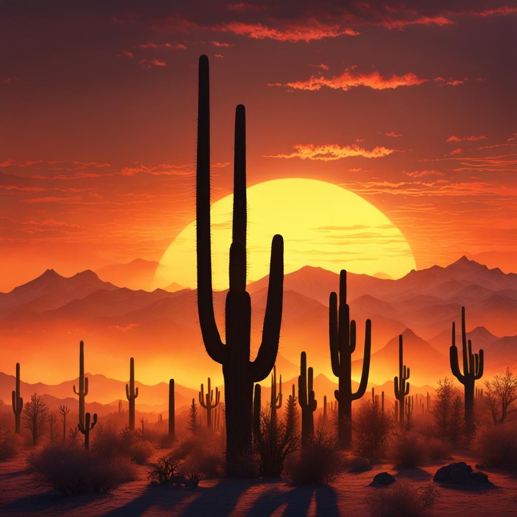 Saguaro Cactus Silhouettes at Sunset: Matte Painting
