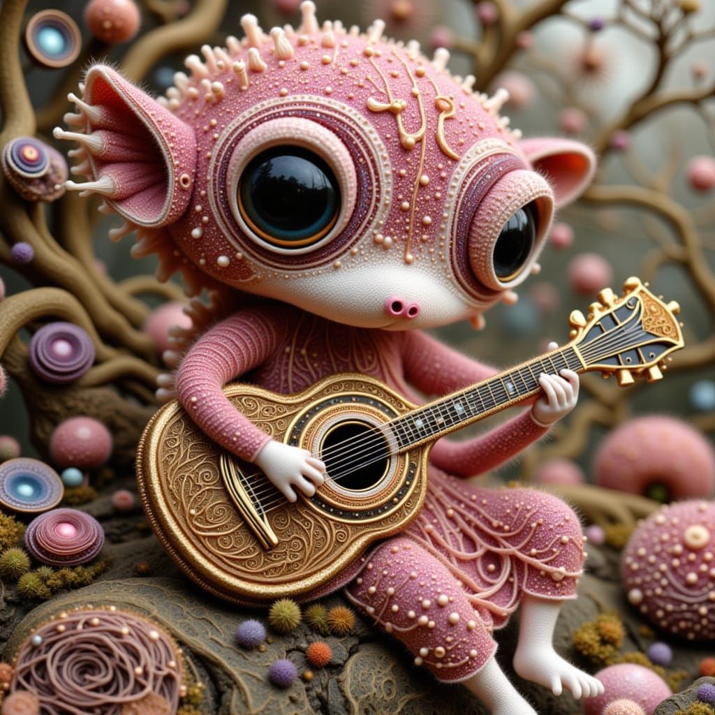 Whimsical Wool Doll Plays Guitar in Fractal Dreamscape