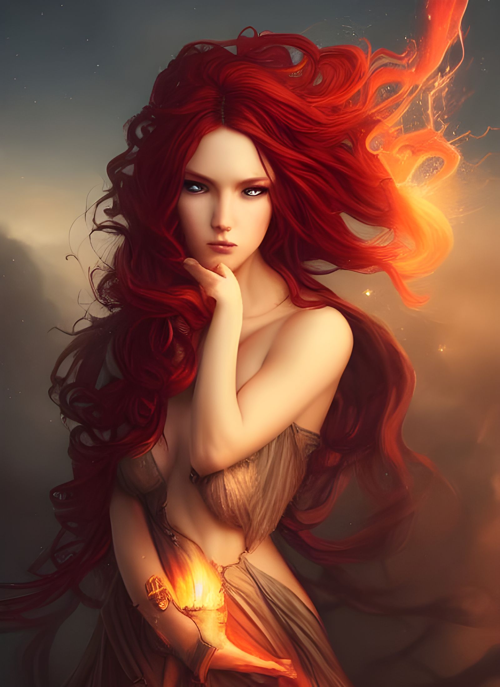 Fiery Goddess in Medieval City: Digital Art