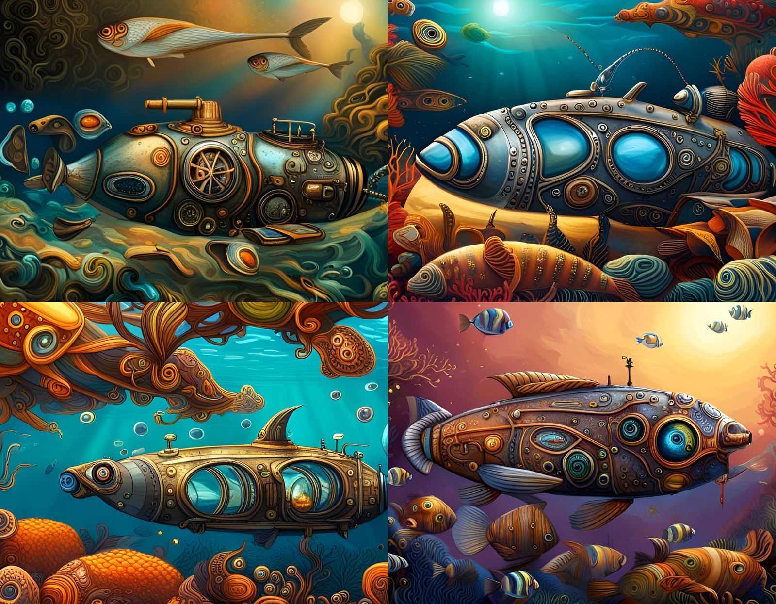 A steampunk submarine under water