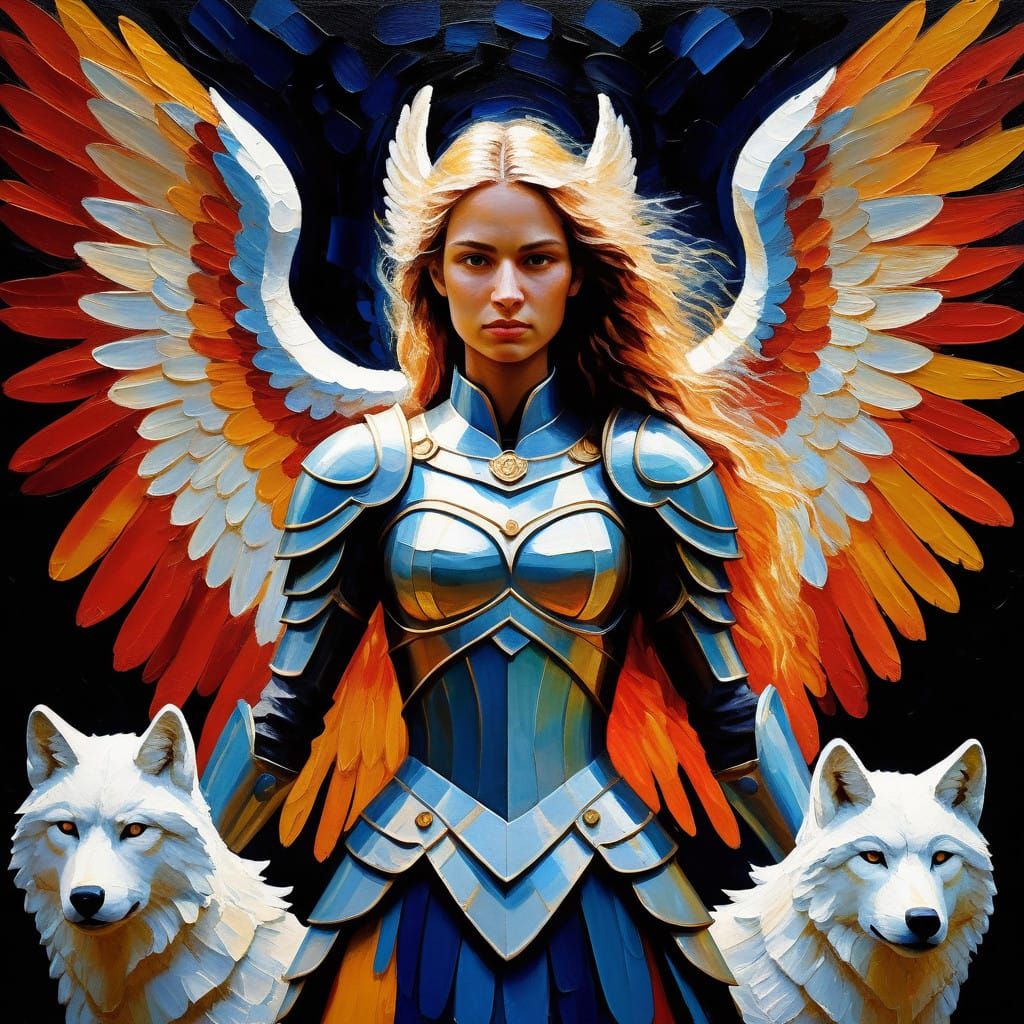 Angel Warrior Surrounded by Fierce White Wolves
