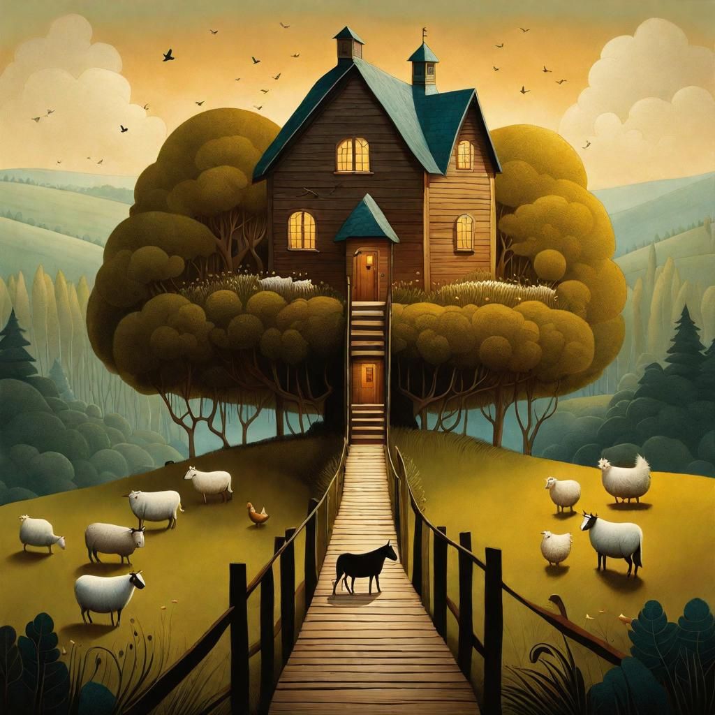 Countryside House with Animals in Whimsical Style