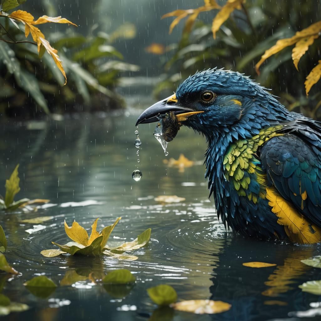 Bird Drinking from Lake: Fantasy Concept Art